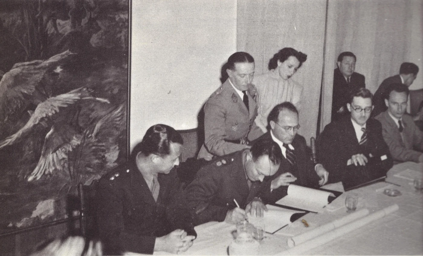 Moshe Dayan signing the Israeli-Egyptian 1949 Armistice Agreements, Rhodes