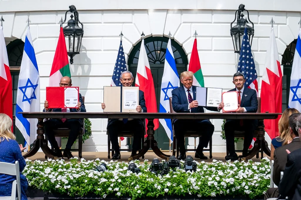U.S. President Donald Trump, Israeli Prime Minister Benjamin Netanyahu, and the foreign ministers of the UAE and Bahrain sign the Abraham Accords normalization agreements at the White House on September 15, 2020.