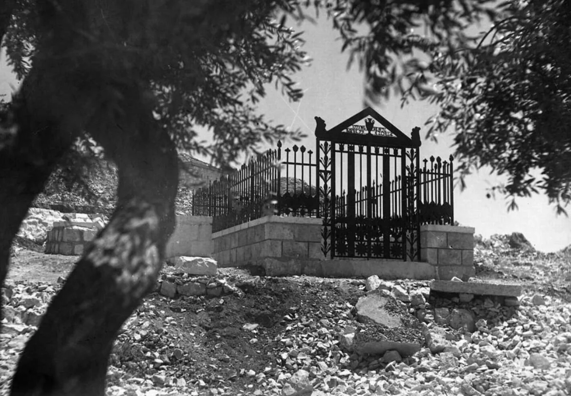 Grave of Eliezer Ben-Yehuda on the Mount of Olives in front of the Old City of Jerusalem.