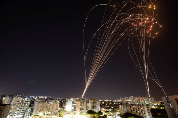 Iron Dome interceptor missiles launching to intercept incoming rockets
