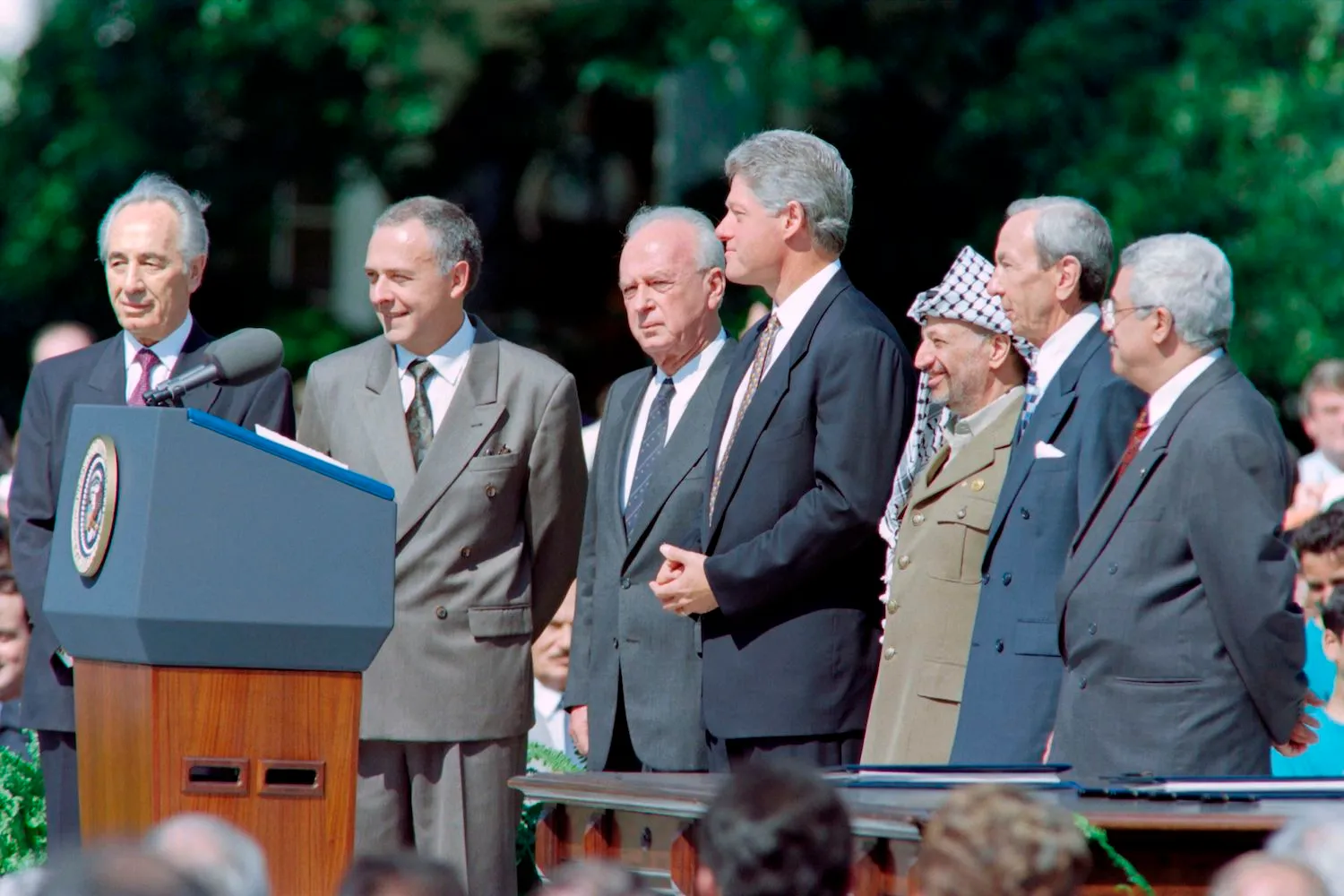 Clinton, Rabin, and Arafat at the Oslo Accords signing ceremony