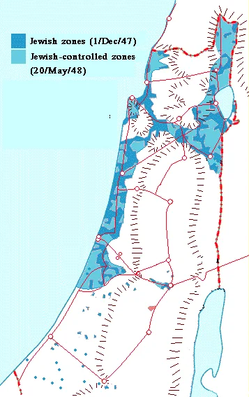 Zones controlled by Yishuv before and after the implementation of the Plan Dalet.