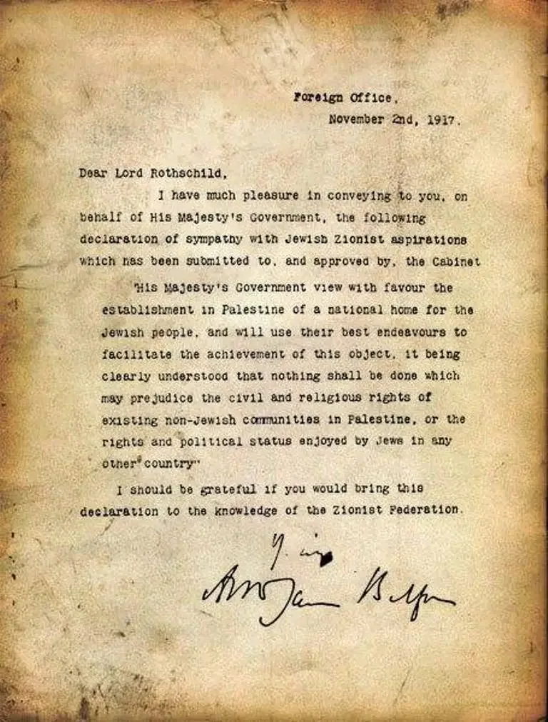 Balfour Declaration sent to Lord Walter Rothschild, November 2, 1917